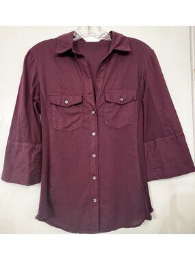 James Perse Women Sheer Slub Side Panel Button Down Blouse Burgundy Size 2
